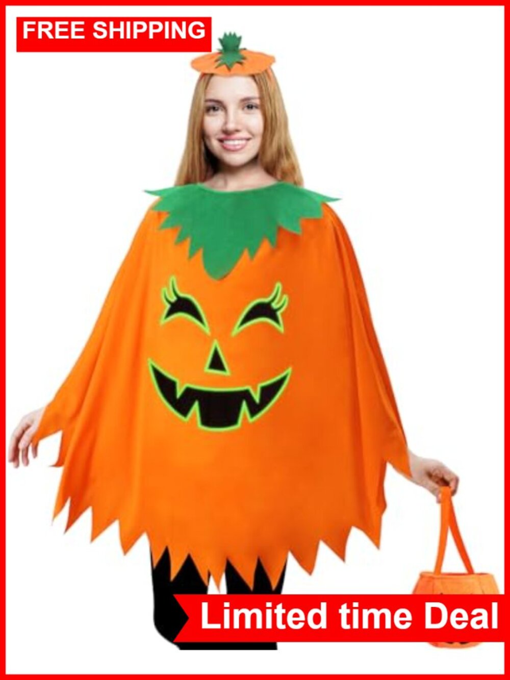 3 Pc Glow in the Dark Pumpkin Costume Set Poncho Headband Handbag